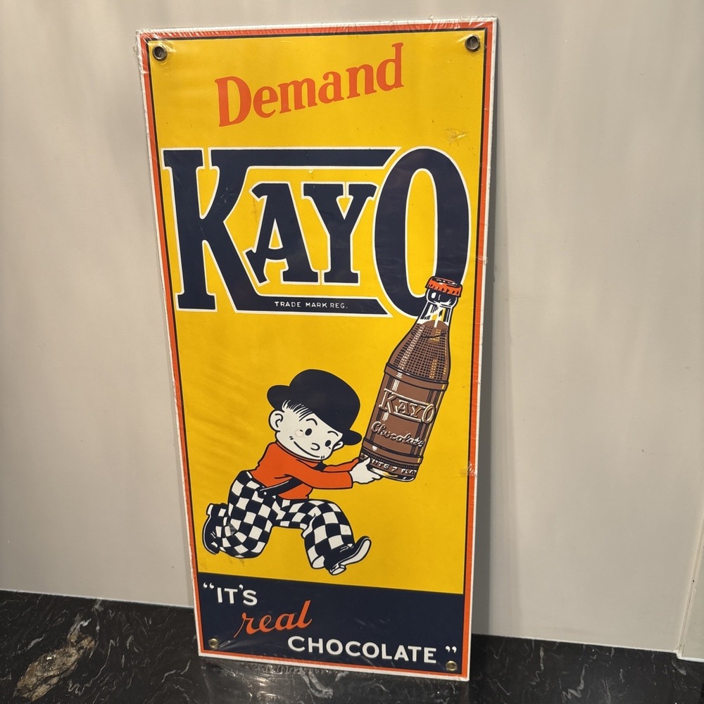 Vintage Ande Rooney Kayo Real Chocolate Porcelain Enameled Advertisement Sign